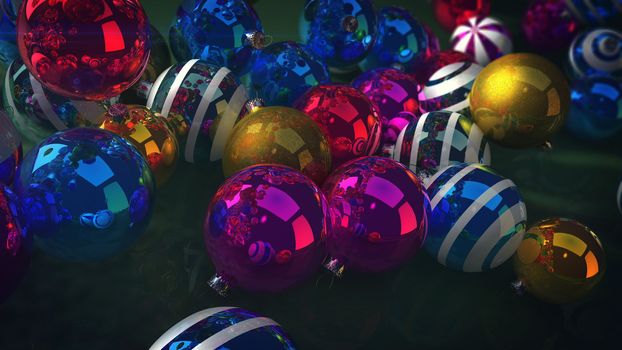 An amazing 3d rendering of sparkling glass balls for a Christmas fir tree. They whirl over a green floor and cause a festive mood. The balls are big, striped, and dazzling. Merry Christmas!