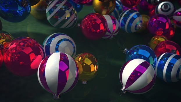 An impressive 3d illustration of shining glass balls for a Christmas fir tree. They swirl over a dark green floor and cause us smile. The balls are big, striped, and luminous. Merry Christmas is going on!