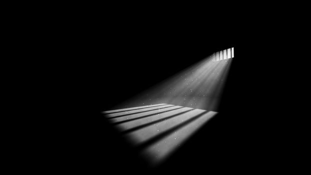 A striking 3d illustration of jail window light in a completely dark prison cell. The rays of sun look like a a beam of hope for freedom. They form wide stripes on jail floor.