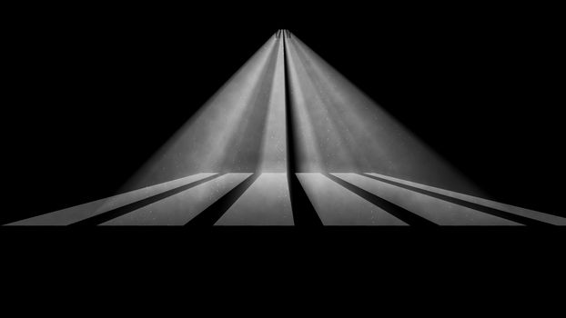 A sad 3d rendering of a direct triangular jail window light in a completely black prison cell. The rays of sun look like a beam of freedom anticipation. They make evil white stripes on prison floor.