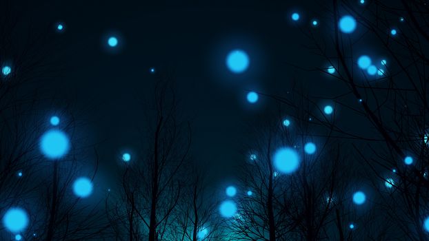 A striking 3d rendering oflight blue ball lightnings in an autumn forest with a lot of bare trees with wicked twigs. They look enigmatic and unusual in the black background