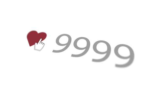 An affectionate 3d rendering of a love you sign where a finger presses a purple heart with 9999 numbers placed nearby in the white background turned aslant. It looks lovely and divine.