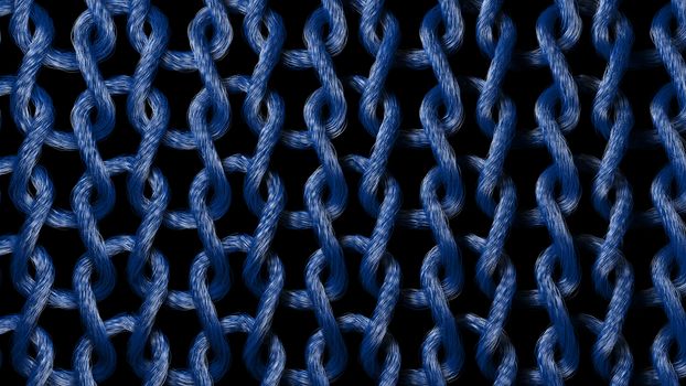 A striking closeup 3d illustration of woven material strands made of knots interlaced with each other. They look like a coarse hauberg used for medieval knights. It is long-lasting and rough