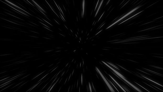 An impressive 3d rendering of white lines rushing quickly forward in the black cyberspace tunnel. It looks like a time portal used for instantaneous teleportation.