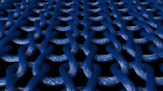 An exciting 3d illustration of old-fashioned material strands made of loops connected with each other. They look like a rough ring-mail for knights. The material is in the black background put askew.