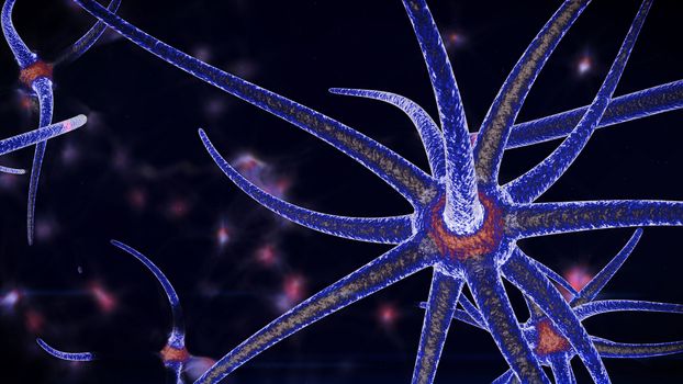 An impressive 3d rendering of octopus looking structures of a blue color through which red neuron signal move in different direction. The structures are placed in the black background.