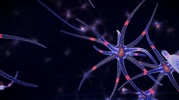 A microbiological 3d rendering of nano level tubes of a blue color through which red neuron signals move in different direction. The tubes with neurons are put in the black background.