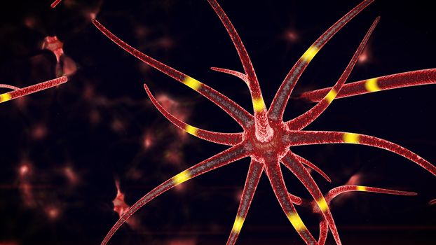A scientific 3d illustration of nano level hoses of a brown color through which yellow neuron signals spread in different direction. The hoses with neurons are located in the black background.