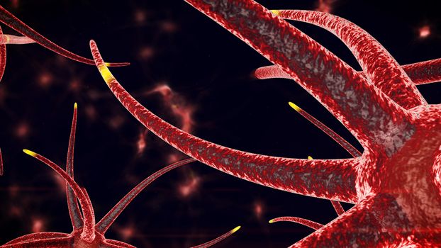 A biological 3d rendering of nano level structures of an orange color through which yellow neuron stimuli spread in various directions. The structures are placed in the black background.