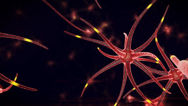 A biochemical 3d illustration of micro level structures of an orange color through which yellow neuron stimuli run in various directions. The formations are put in the black background.
