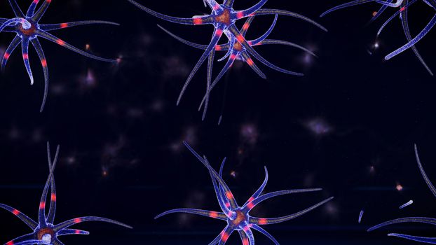 An abstract 3d rendering ofspider looking structures of a blue color through which red neuron stimuli go in various directions. The structures are located in the black background.