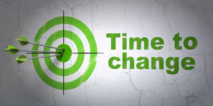 Success time concept: arrows hitting the center of target, Green Time to Change on wall background, 3D rendering