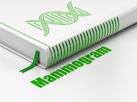 Health concept: closed book with Green DNA icon and text Mammogram on floor, white background, 3D rendering