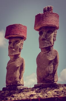 Moais statues site ahu Nao Nao on anakena beach, easter island, Chile
