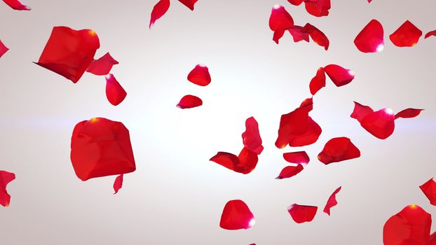 A festive 3d illustration of flying petals of red roses in the white background. They symbolize deep romantic feelings. They fly and swirl together reminding us about importance of love.