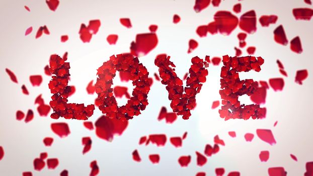 A passionate 3d illustration of Love inscriotion made of flying petals of red roses in the white background. The sign symbolizes deep romantic feelings, and Saint Valentine day. 