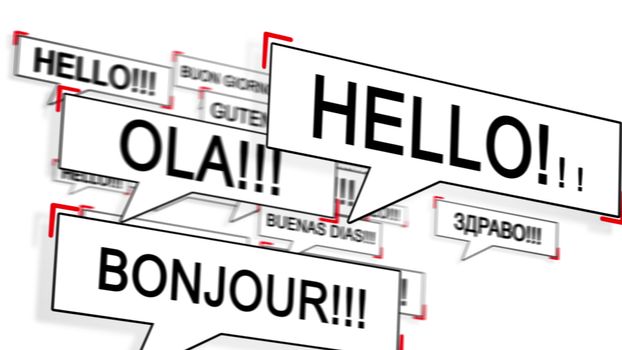 An abstract 3d rendering of social media concept picture with such greetings as Bonjour, Hello, Buenos Dias, Ola! All of them are placed in black frames on the white background