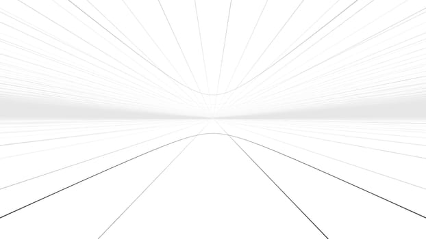 A holographic 3d illustration of a hypersonic tunnel highway serving as a time portal from one reality to another. A mysterious network of lines rush forward in the white space background.