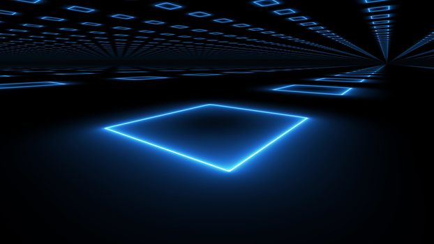 A fantastic 3d rendering of a hypersonic undersea tunnel serving as a subway connecting one continent to another. The sparkling rows of blue square windows light up the black tunnel.