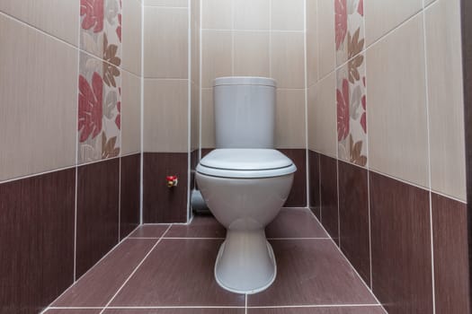 Toilet bowl in the toilet room. Restroom with brown tile decoration