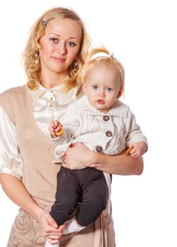 Happy mother holding daughter posing isolated on white