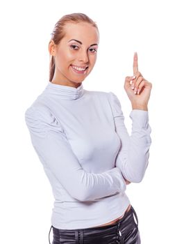 happy business woman got idea pointing finger  isolated on white