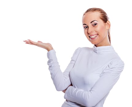 young confident business woman making presentation isolated