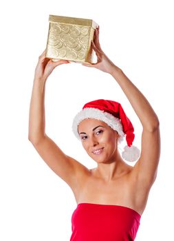 santa girl holding golden gift box and smiling isolated