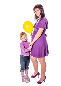 Mother and daughter smiling standing together isolated