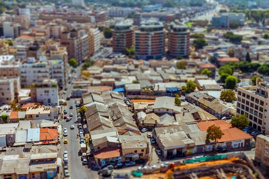 Aerial view of south Tel Aviv neighborhoods cityspace. A combination of new and old construction. Tilt shift.
