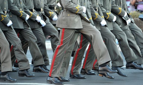 Close up view on Serbian Army marches during parade