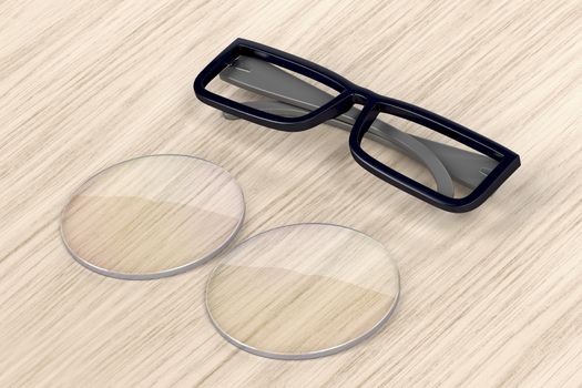 Plastic eyeglasses frame and uncut lens on wood background
