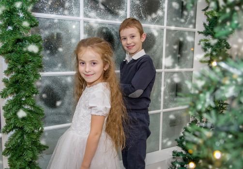 Smiling sister and brother in winter studio standing together