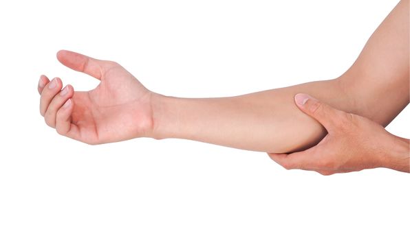 Man hand holding wrist on white background, health care and medical