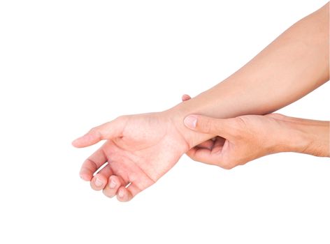 Man hand holding wrist on white background, health care and medical