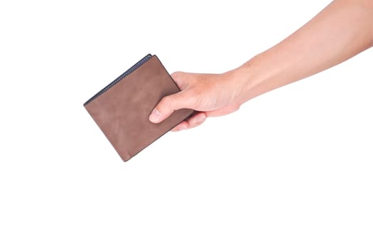 Man hand open an empty wallet isolated on white background with clipping path