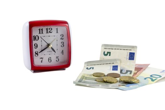 clock with money in white background