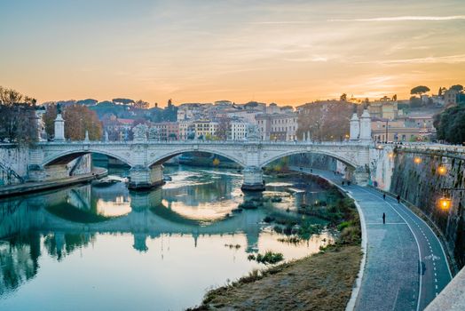 Sunset over the Tiber river in Rome in the winter