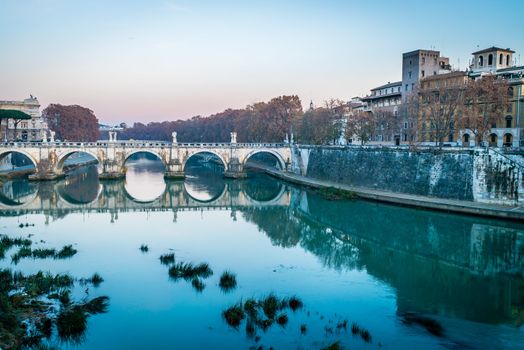 Tiber river at sunset in Rome in the winter