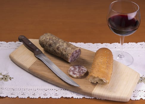 bread and salami on the table