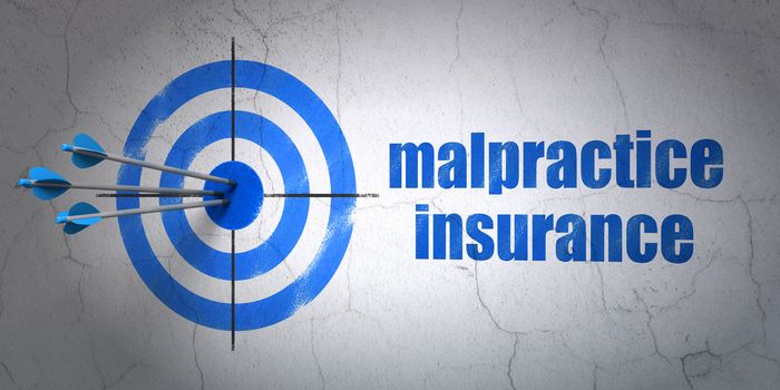 Success Insurance concept: arrows hitting the center of target, Blue Malpractice Insurance on wall background, 3D rendering