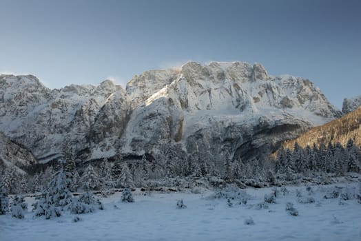 a snow-covered landscape in an alpine valley