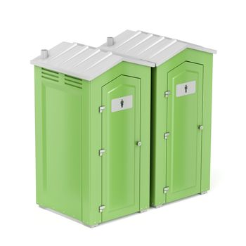 Green portable chemical toilets for males and females on white background