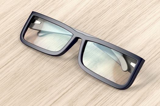 Eyeglasses with black frame on wood background
