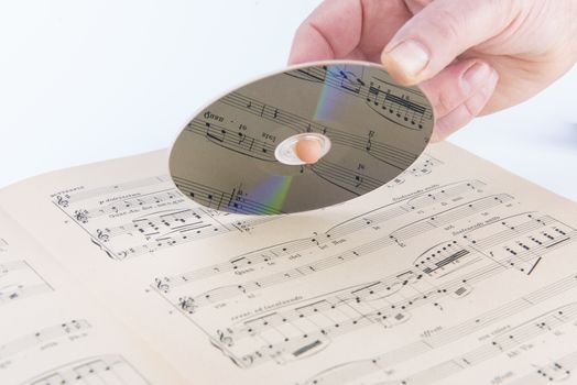 A page of a musical score with a CD on hand