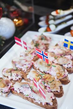 Trays with various delicious appetizer. Appetizer of fish.