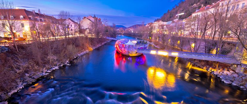 City of Graz Mur river and island evening view, Styria region of Austria