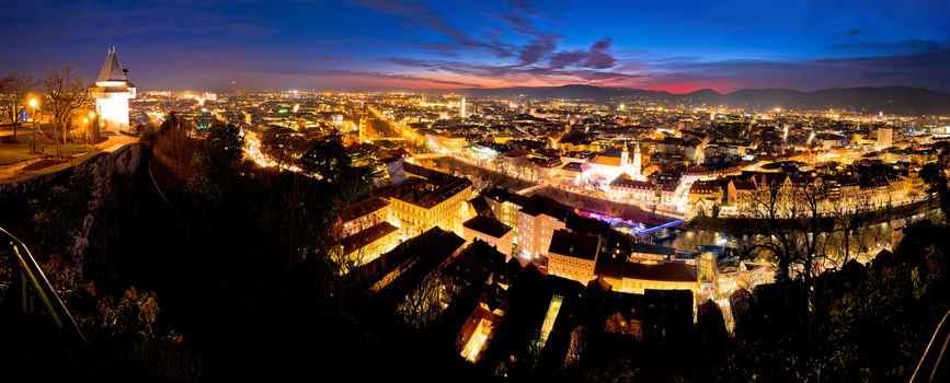 Graz aerial night panoramic view from Schlossberg, Styria region of Austria