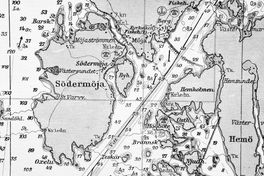 Macro shot of a old marine chart, detailing Stockholm archipelago