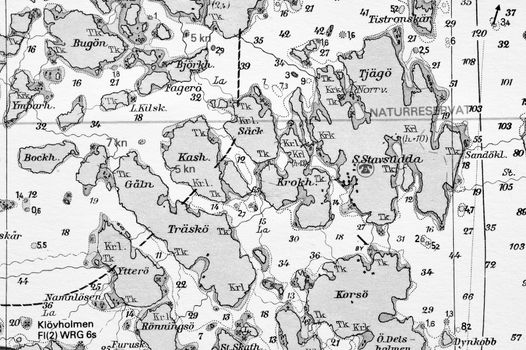 Macro shot of a old marine chart, detailing Stockholm archipelago